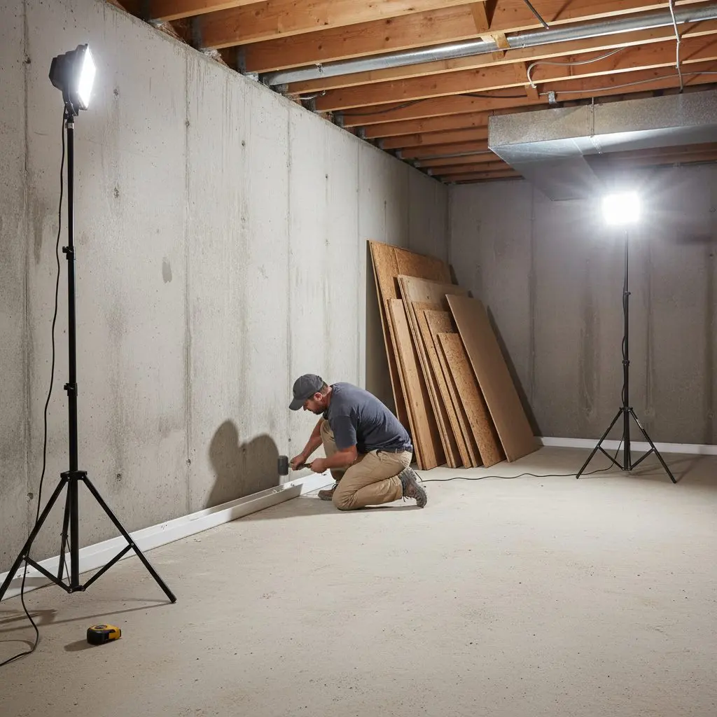 A worker fitting a perimeter drain channel at the base of a poured foundation wall in an unfinished basement, framing timber stacked behind.