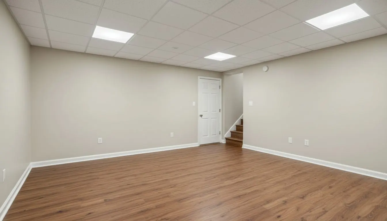 A finished basement unit in a multi-family house in Lancaster, PA, empty of furniture between tenancies