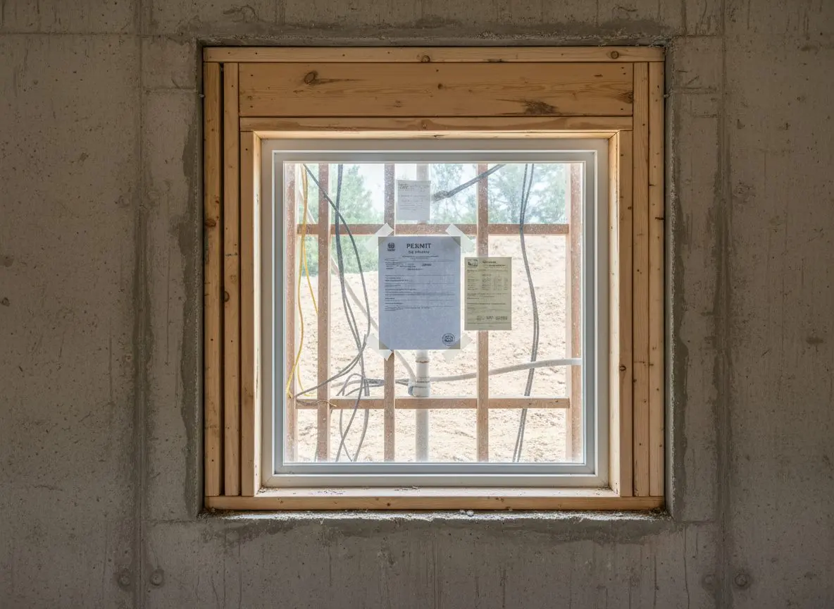 A permit placard and an inspection card taped inside the hopper window of a basement under construction in Lancaster, PA, with bare framing behind them.