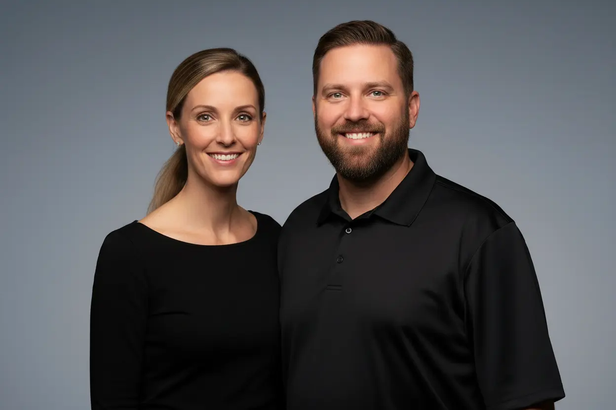Curt and Anita Hershey standing side by side in black work shirts against a plain gray backdrop, both smiling at the camera