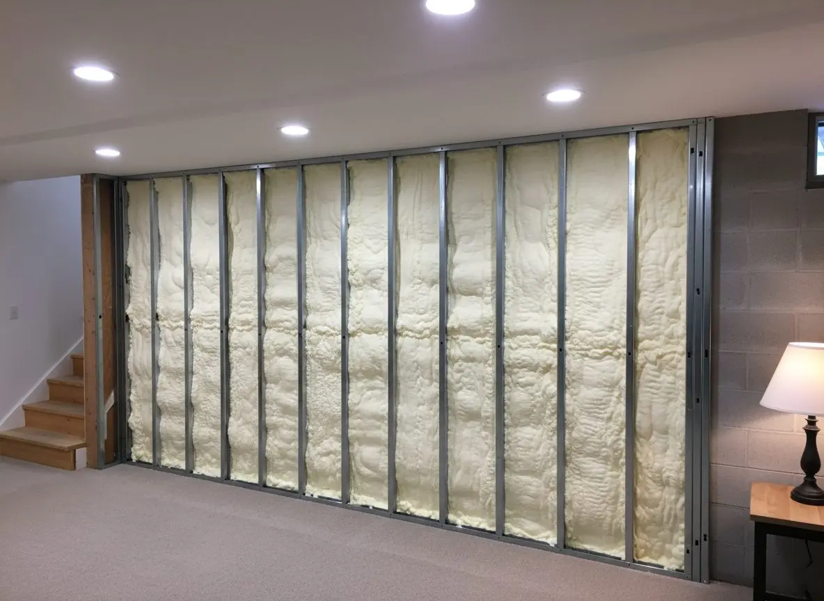 A run of pale closed-cell spray foam covering a block basement wall, with the steel studs standing in front of it.