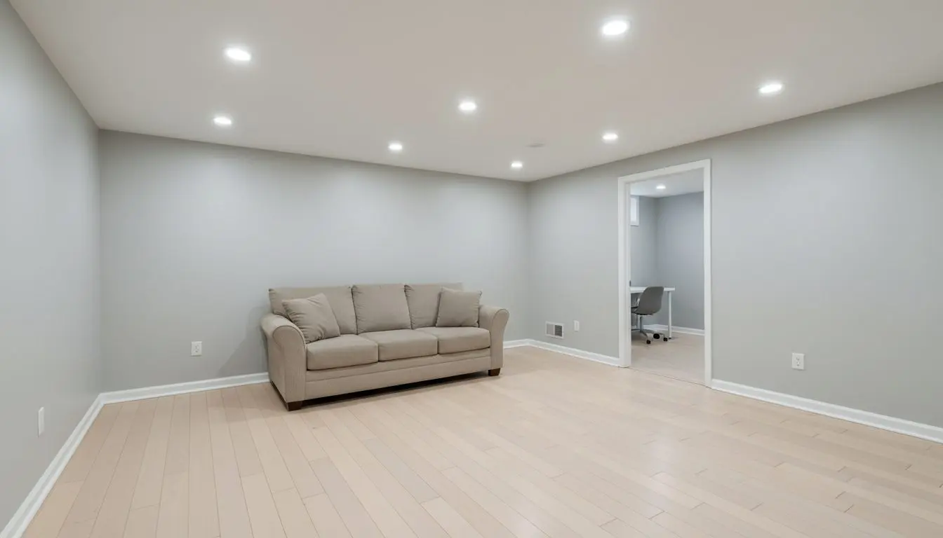 A finished basement living room in an ordinary suburban house.