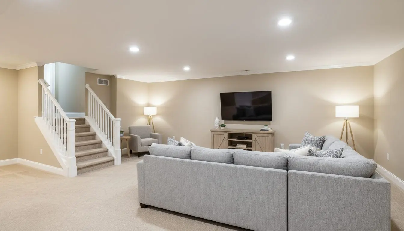A finished basement family room in a house in Lancaster, PA, with a sofa and a television towards the right of the frame, the stair coming down at the left