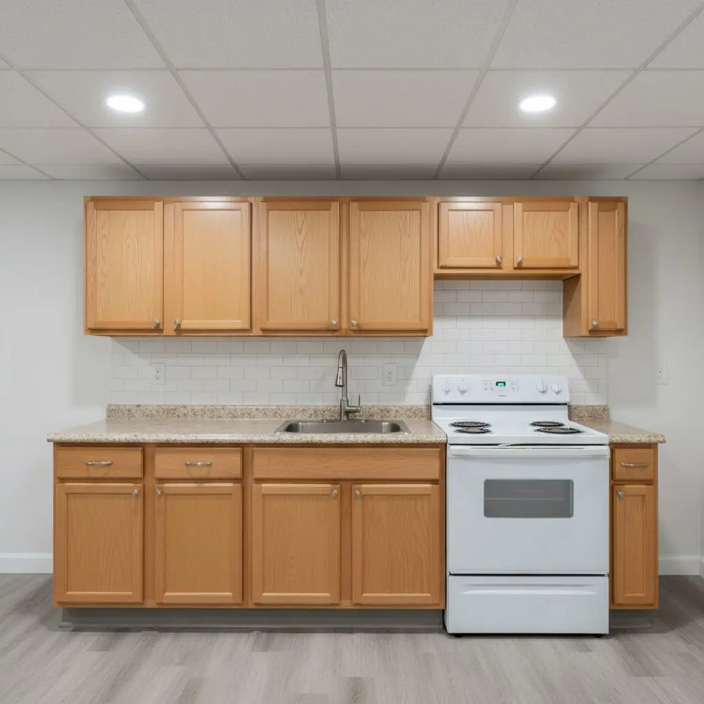 A basement kitchenette wall seen straight on, upper and lower cabinets, a worktop, a sink with a tap and a small range beside it.