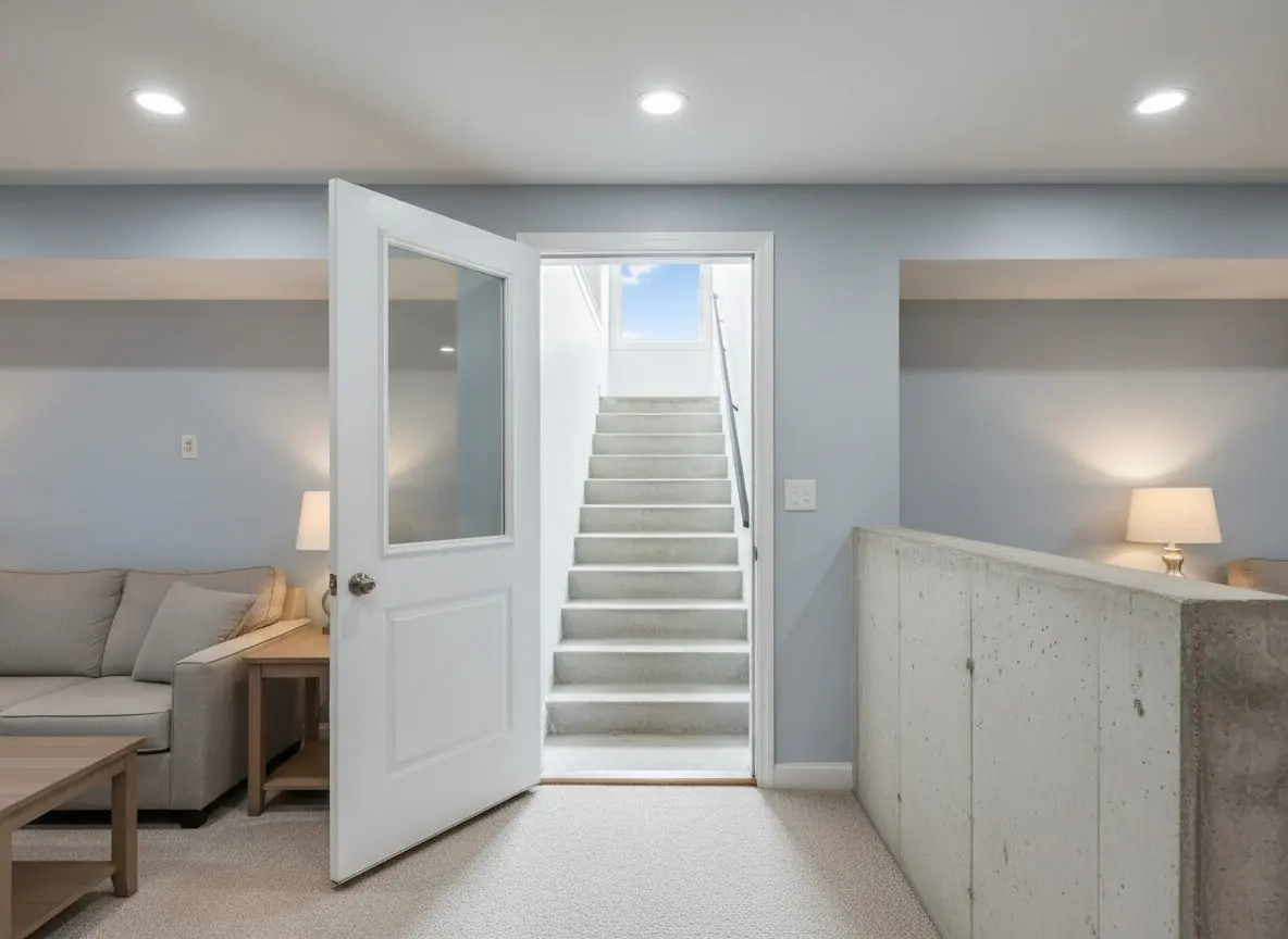 A basement suite entrance seen from inside, a door with glass in the top half standing open onto concrete steps rising towards daylight.