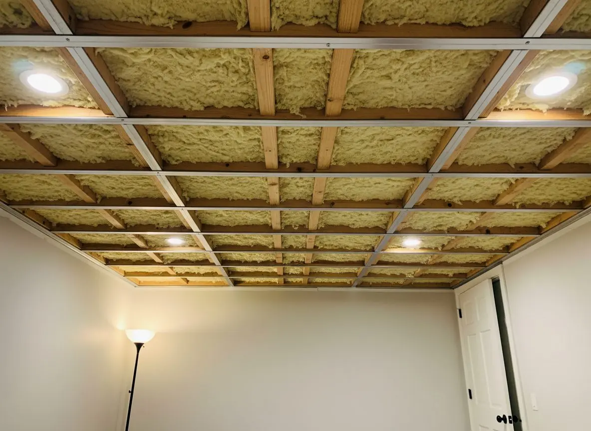 Resilient channel screwed across basement joists with mineral wool packed in between them above, seen from below before any board goes on.