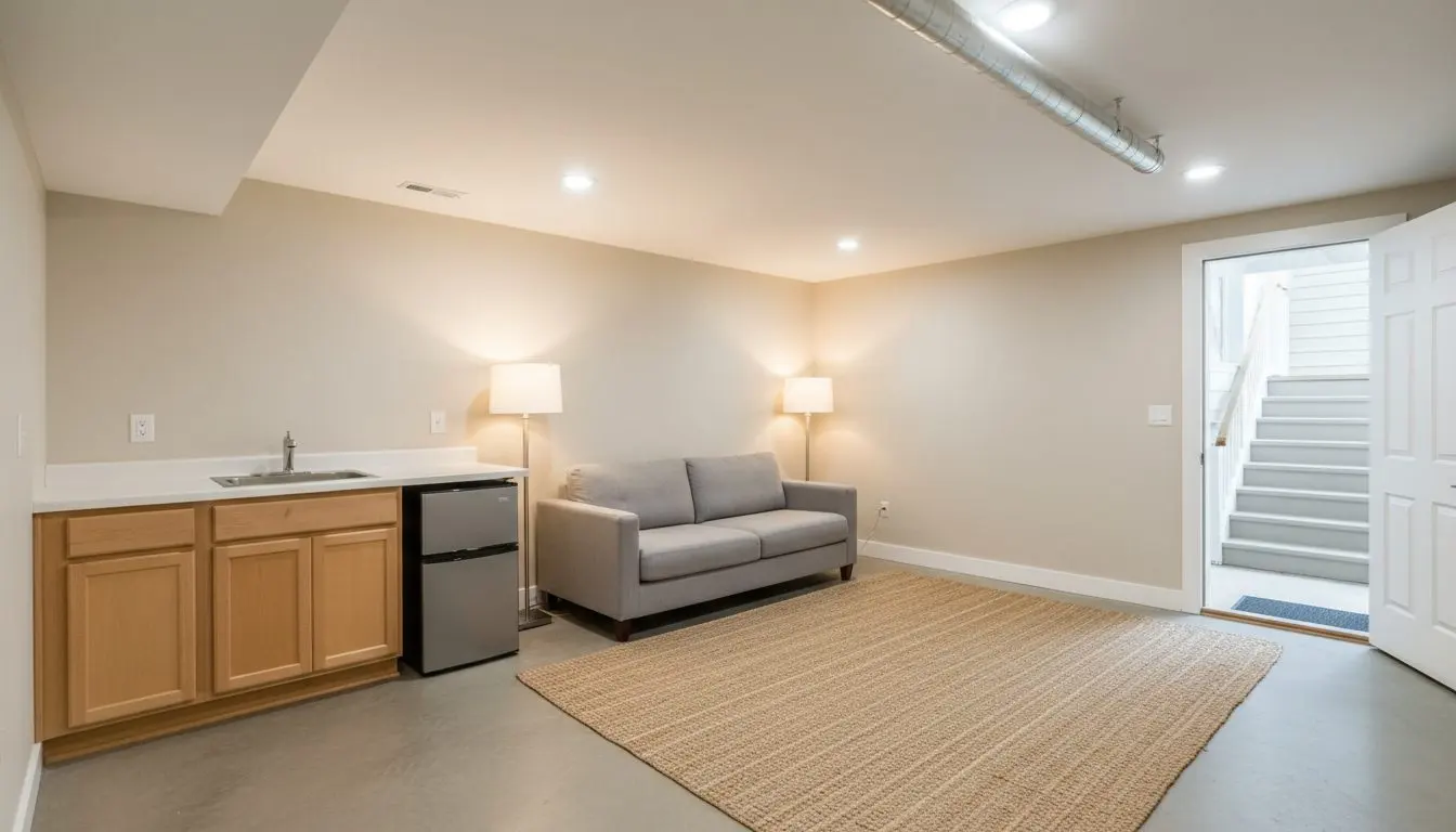 An open plan basement apartment with a small kitchen along one wall, a sofa, a rug and a lamp, and a door in the far wall leading out