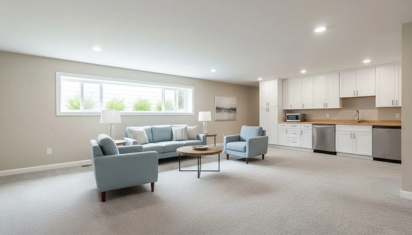 A finished in-law suite under a ranch, sitting room with a wide window well bringing daylight in, kitchenette along the far wall, carpet underfoot