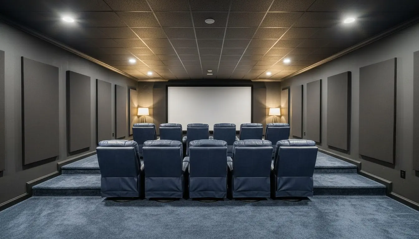A basement theater room finished with a projector screen on the gable end, two rows of seating on a stepped floor, dark walls