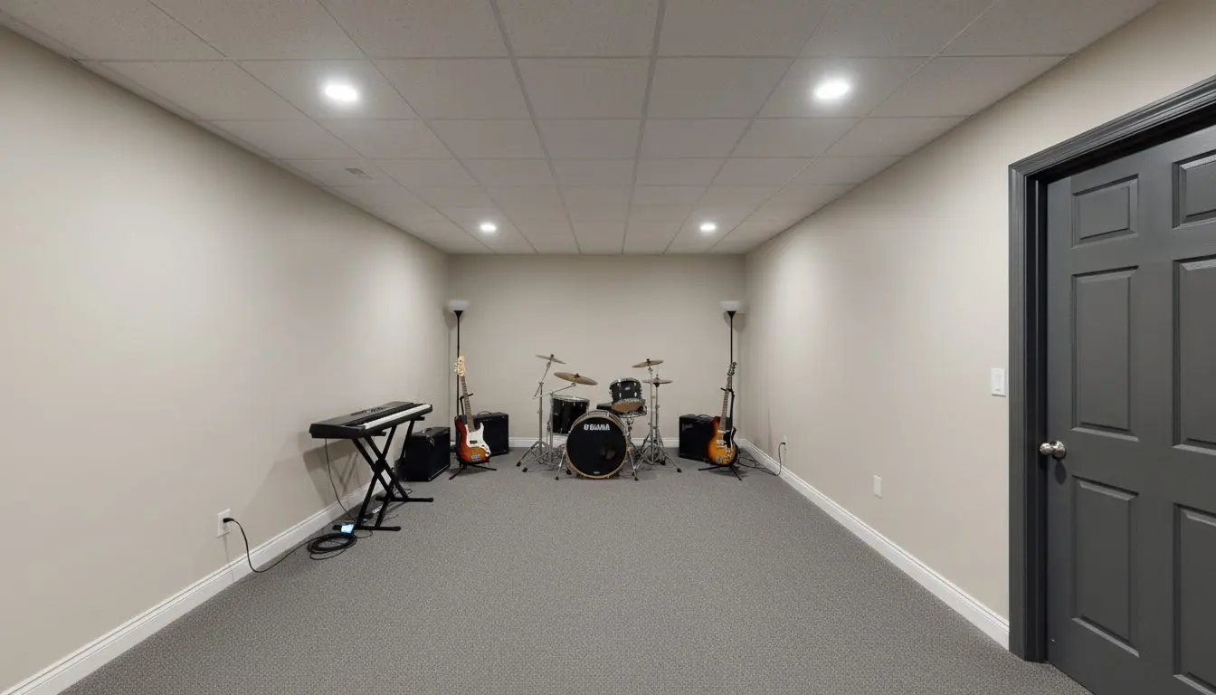 A basement music room built for separation, walls finished flat and a heavy door closed against a compression seal, instruments against one wall