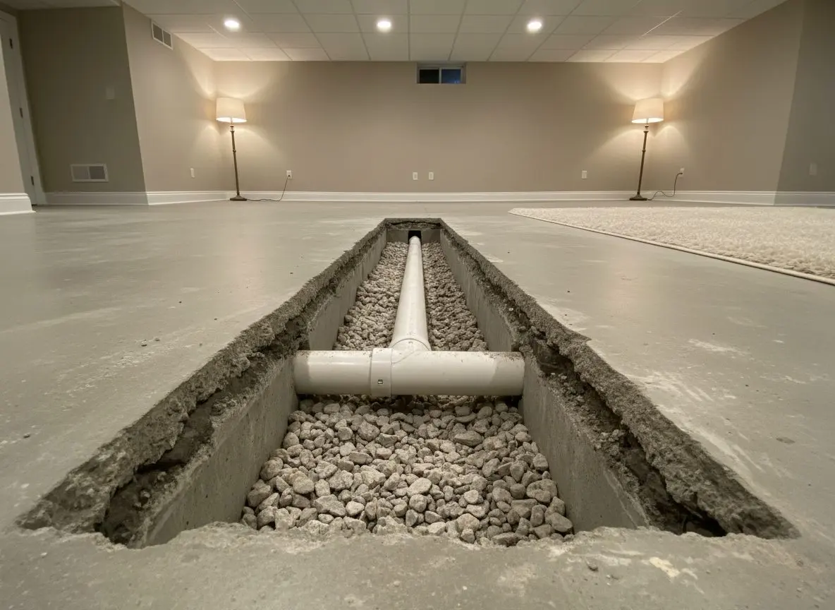 A freshly cut trench in a basement slab with white PVC drain pipe bedded in stone along the bottom of it.