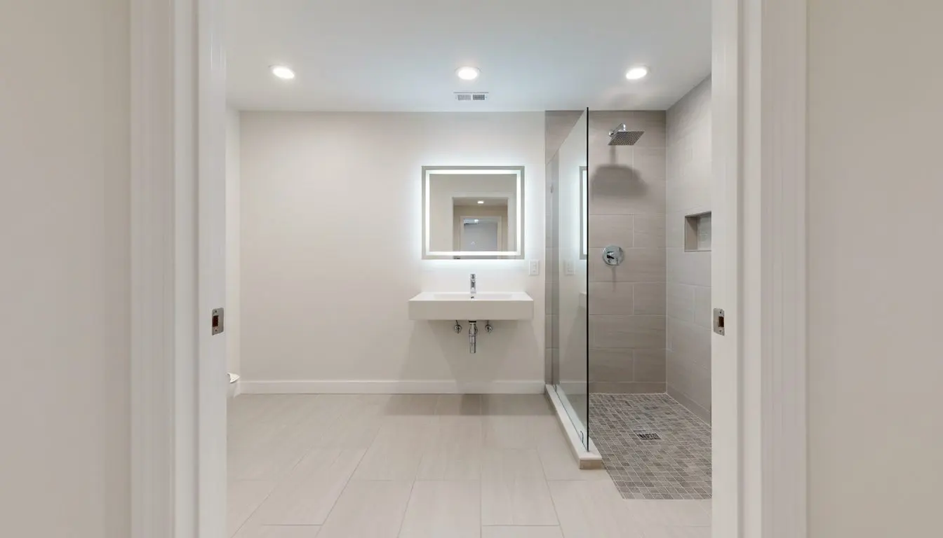 A finished basement bathroom seen from the doorway, a tiled walk-in shower with a glass screen on the right of the frame