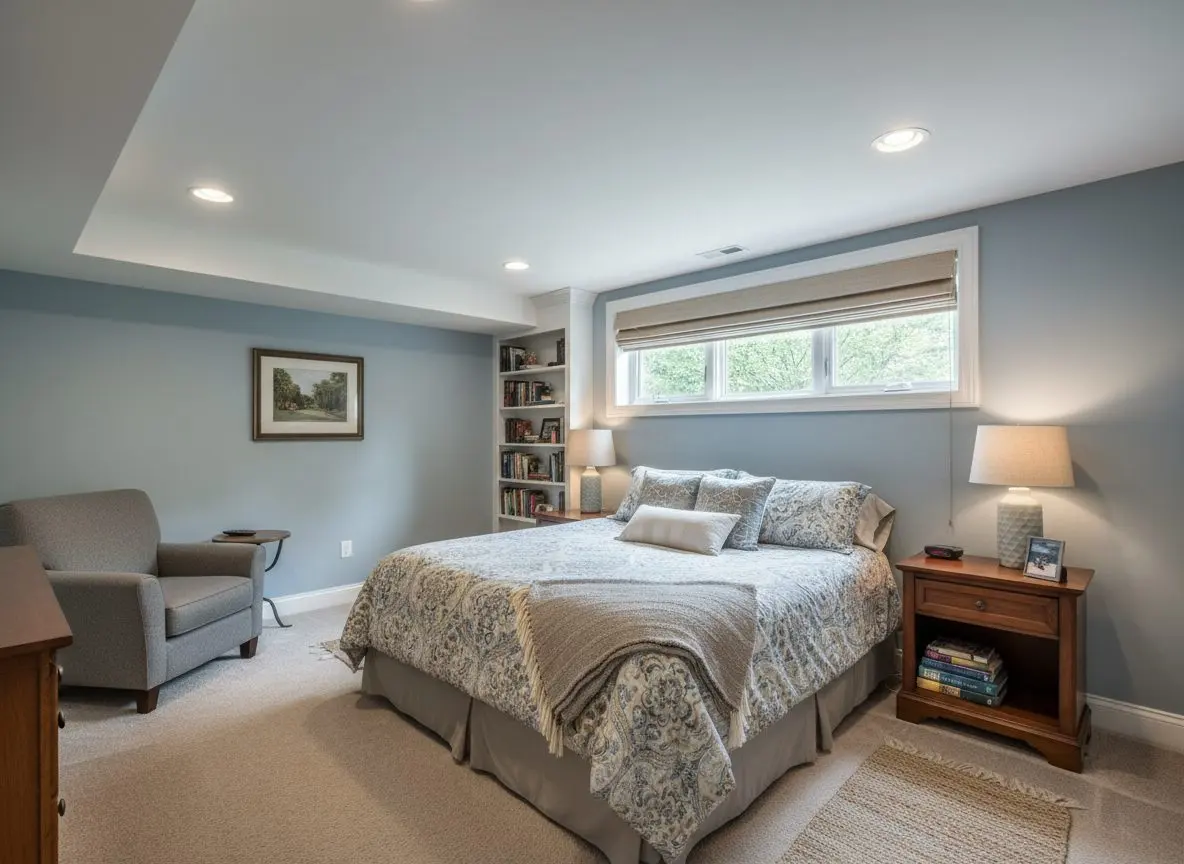 A finished basement bedroom, furnished and lived in, with a made bed, a nightstand and a lamp, and a wide egress window in the wall above the bed.