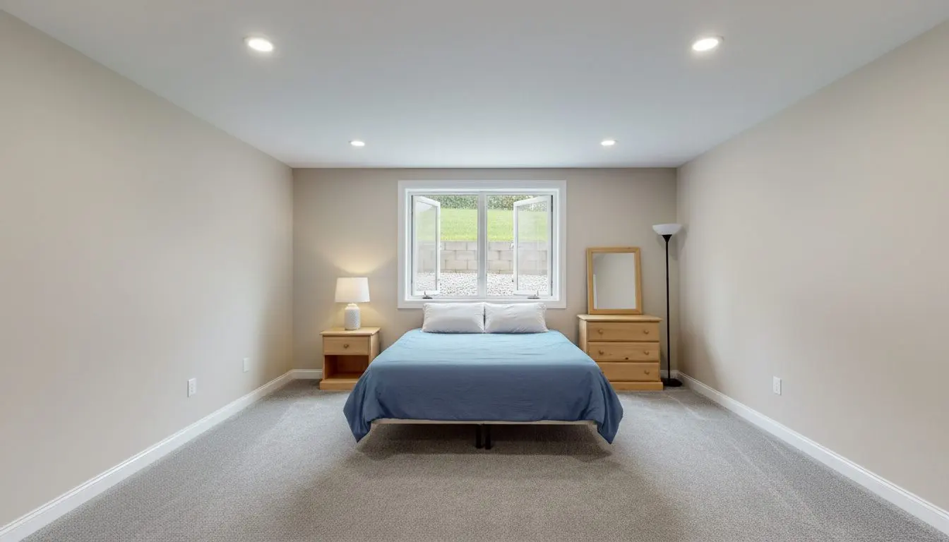 A finished basement bedroom with a wide egress window set into the wall, the sash swung open