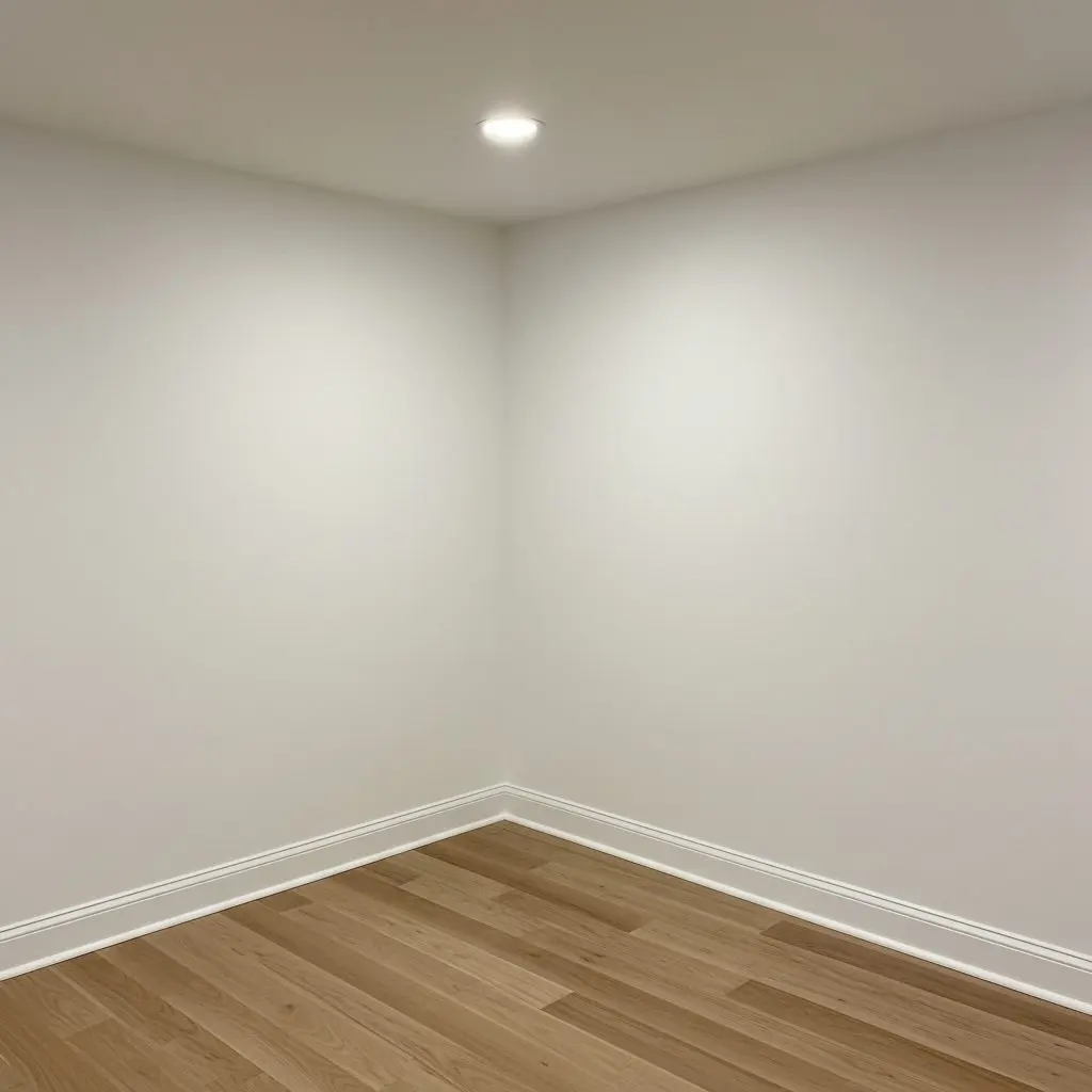 A close view of a finished basement corner where a painted wall meets baseboard and a plank floor, with a small round recessed light overhead.