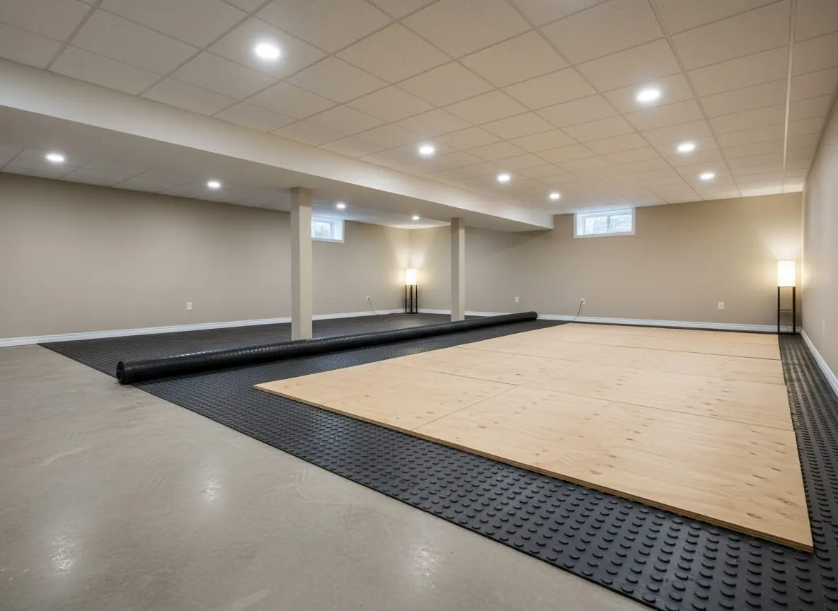 A dimple mat rolled out across a bare basement slab, with sheets of tongue-and-groove plywood laid over half of it.