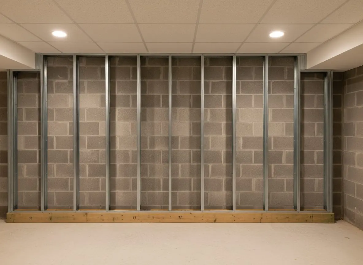 A close view of steel stud framing on a treated bottom track, standing an inch clear of a gray block basement wall.