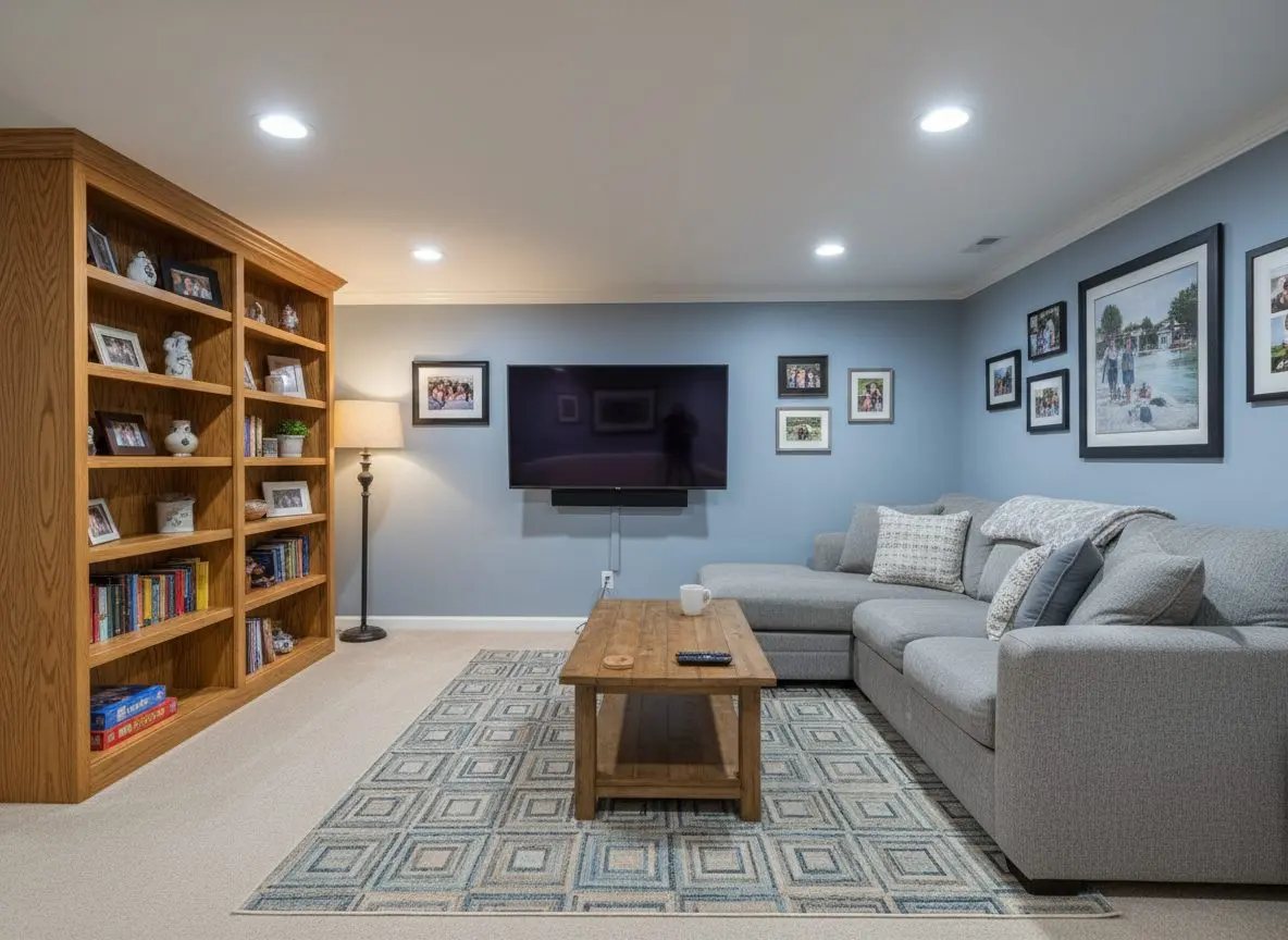 A finished, furnished basement family room with a sofa, a rug, a bookcase and a lamp, lived in and complete with no work in progress.