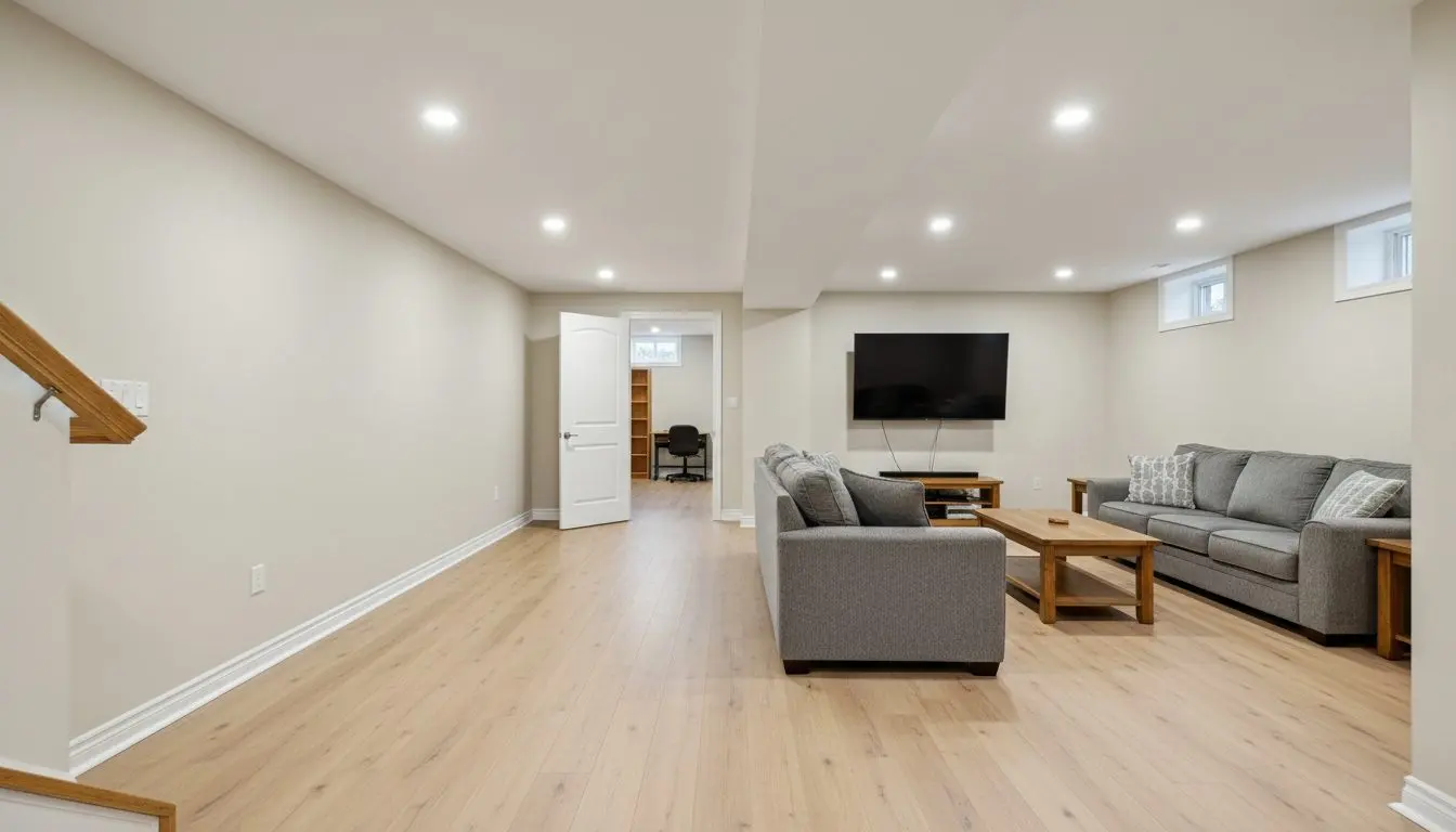 A whole finished basement in a house in Lancaster, Pennsylvania, seen along its length from the foot of the stairs.