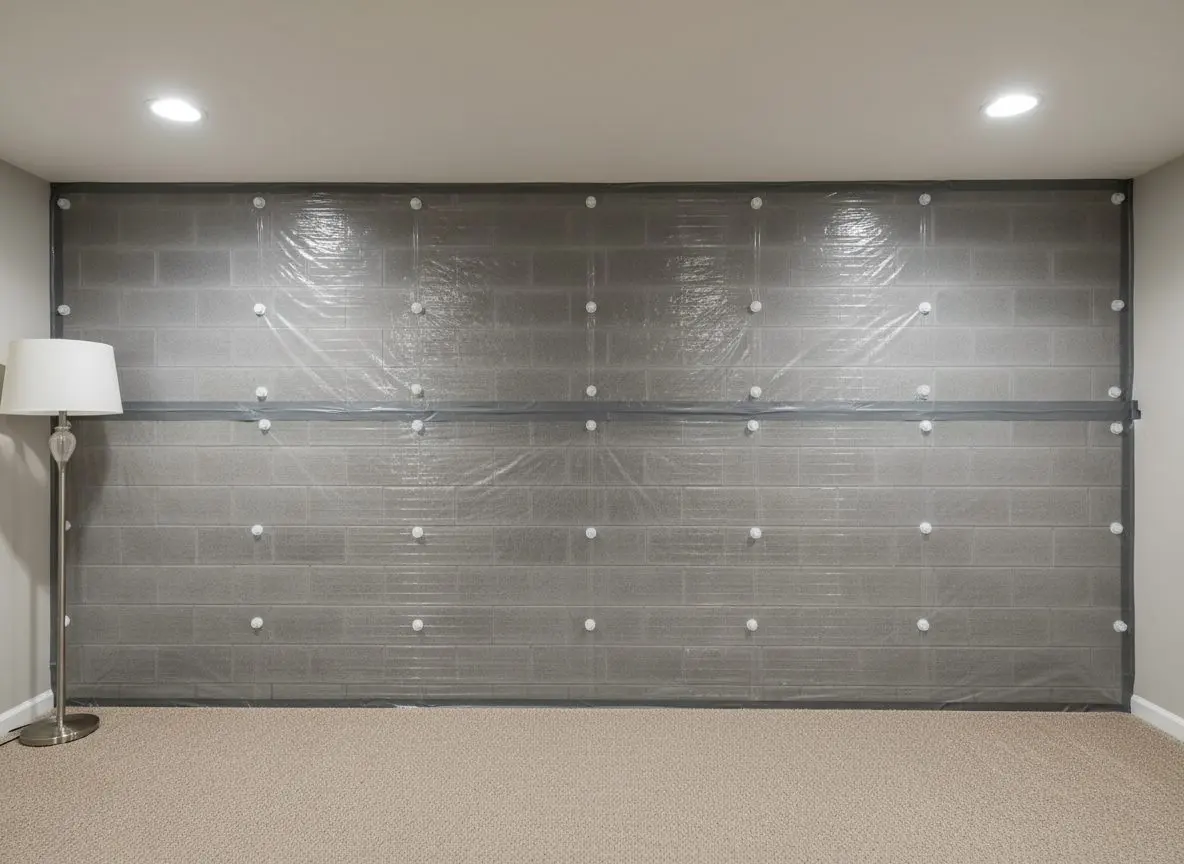 Heavy reinforced plastic sheeting fastened up a gray block basement wall, lapped and taped along the joint between two sheets.
