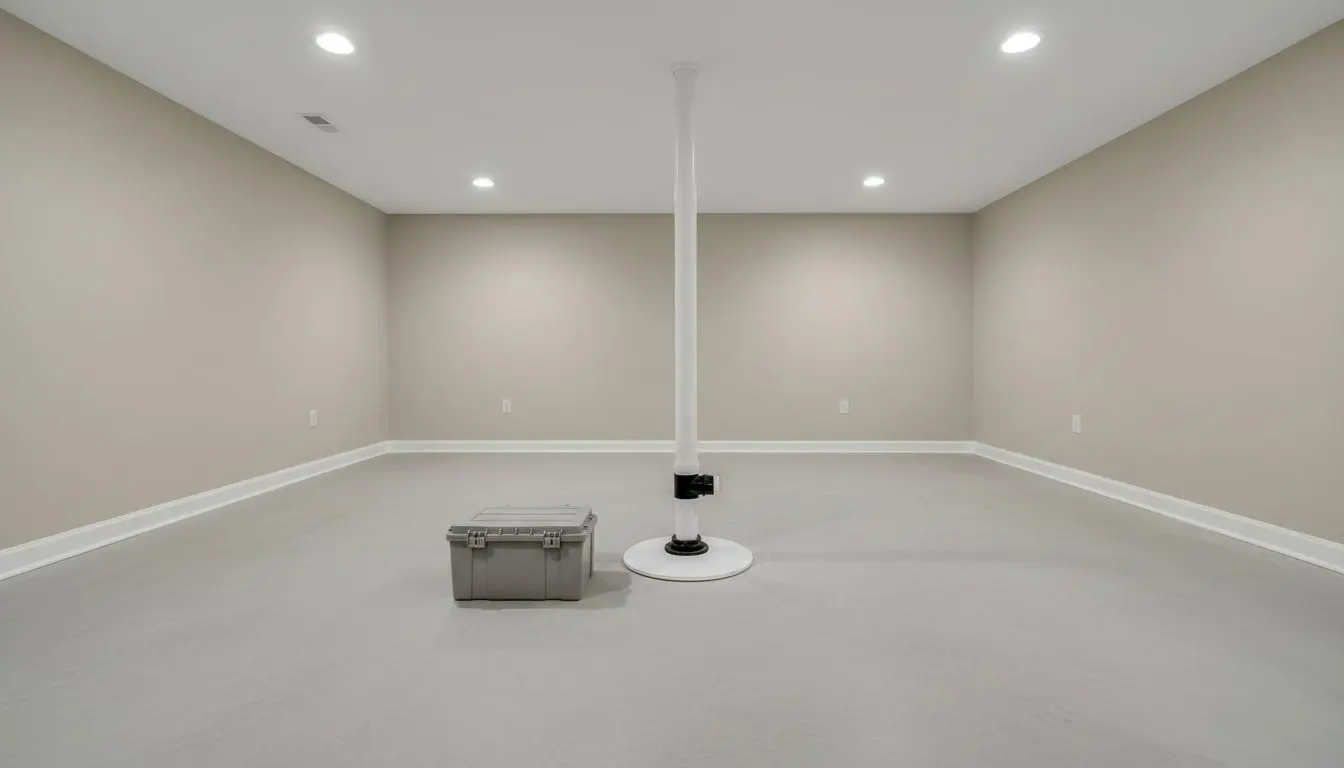 A white sealed sump lid set into a clean concrete basement floor toward the middle and right of the frame